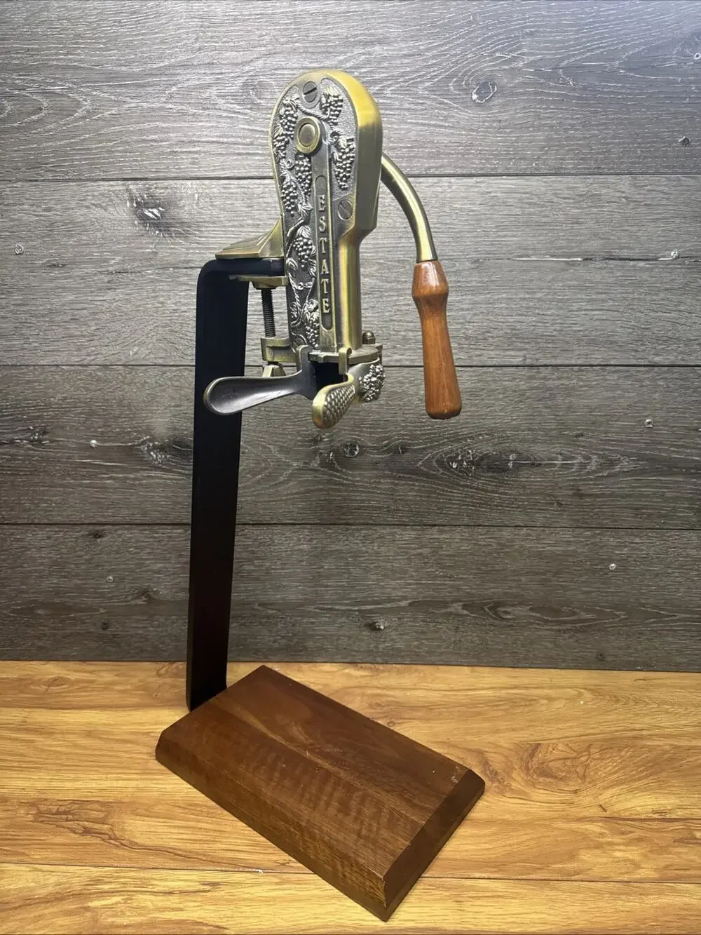 Vintage Rogar Estate Brass Table Top Wine Bottle Opener Corkscrew w/ Wood Stand